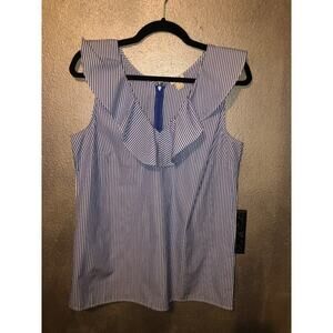 J Crew Factory Preppy Academia Blue White Stripe Sleeveles Top Ruffle V-neck